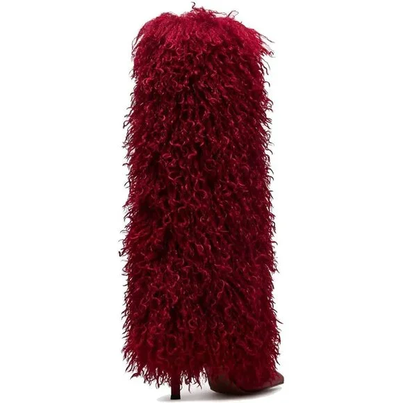 Women's Fur Red Pointed Toe Fold Over Wide Calf Knee High Heel Boots - Picture 5 of 7